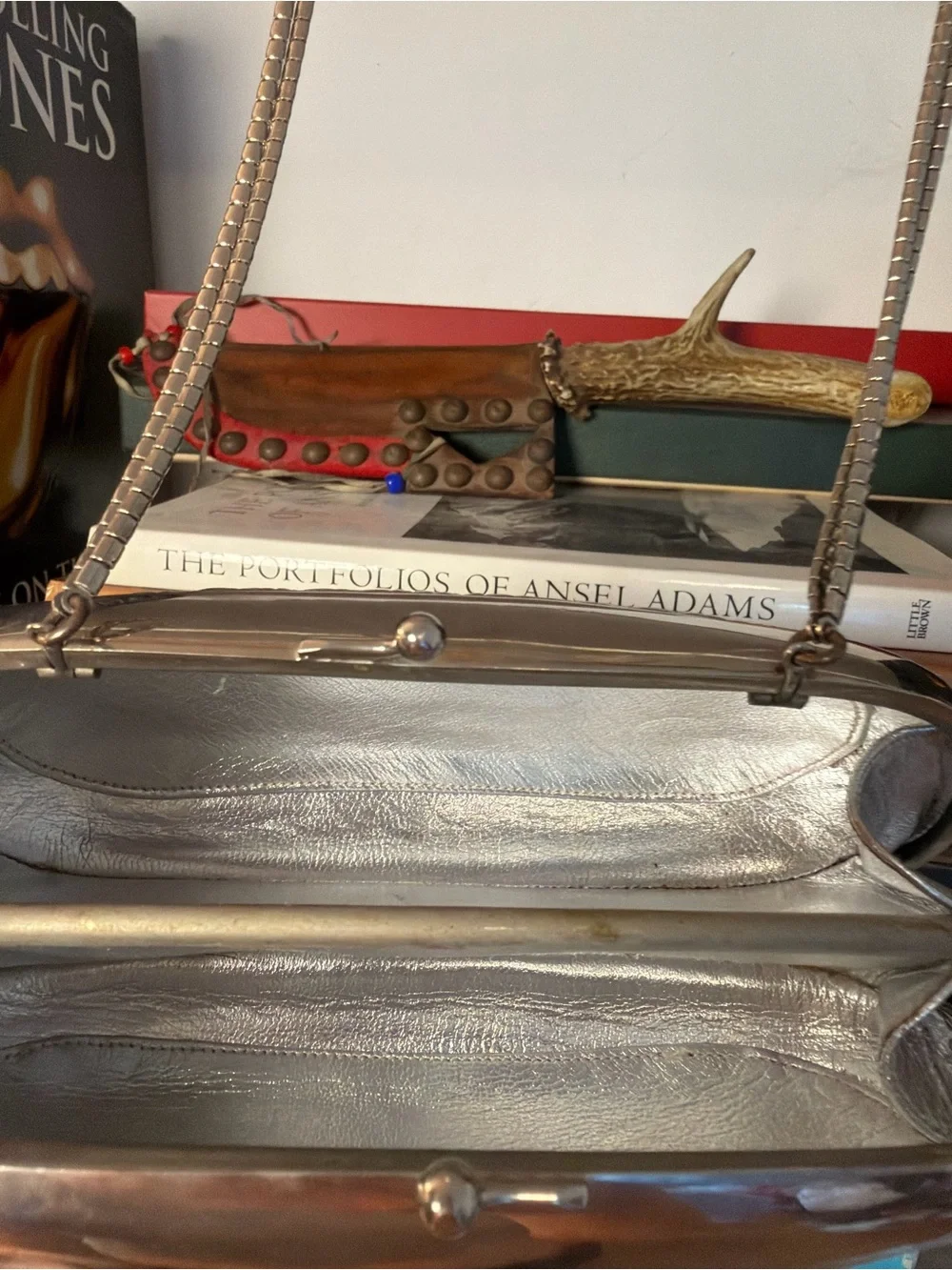 Metallic Silver Chain-Handle Storage Purse Organizer